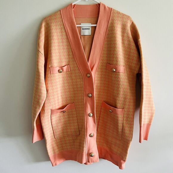 SANDRO Salmon Houndstooth Cardigan - 1 (Small) - Picture 1 of 6